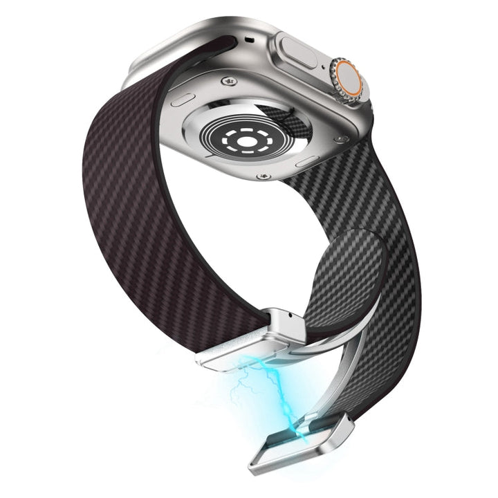 Lisslune | For Apple Watch Series 2 42mm Carbon Fiber Magnetic Silver Buckle Watch Band (Dark Brown Black)