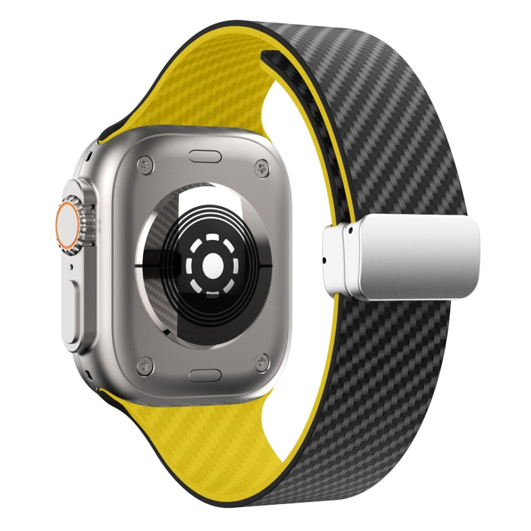 Lisslune | For Apple Watch 42mm Carbon Fiber Magnetic Silver Buckle Watch Band (Black Yellow)