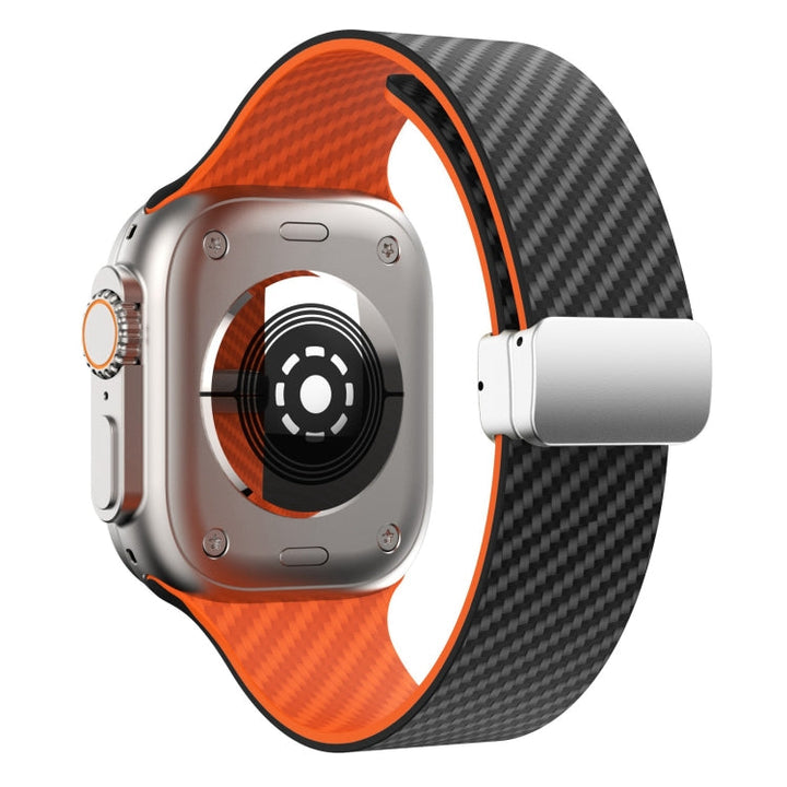 Lisslune | For Apple Watch 38mm Carbon Fiber Magnetic Silver Buckle Watch Band (Black Orange)