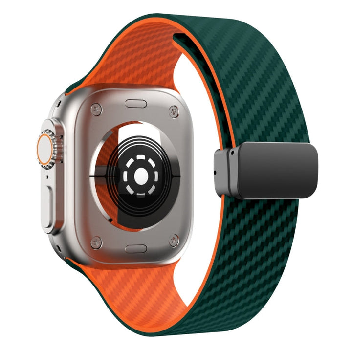 Lisslune | For Apple Watch 42mm Carbon Magnetic Black Buckle Watch Band (Dark Green Orange)