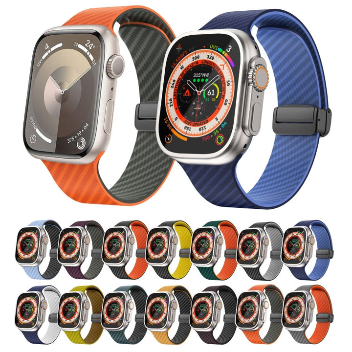 Lisslune | For Apple Watch SE 2022 44mm Carbon Fiber Magnetic Black Buckle Watch Band (Black Orange)