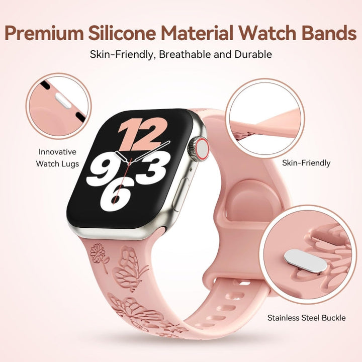 Lisslune | For Apple Watch SE 44mm Butterfly Flower Embossing Silicone Watch Band (Retro Rose)