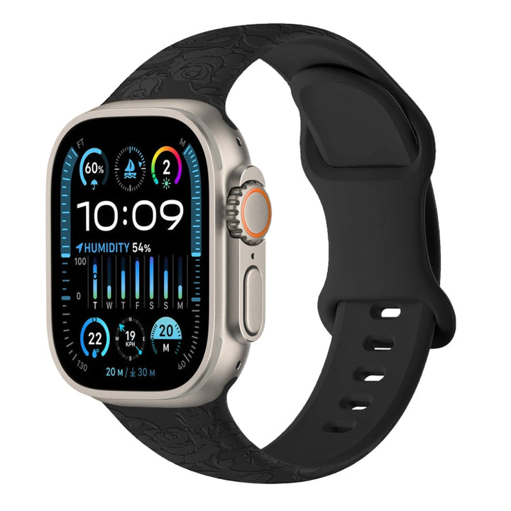 Lisslune | For Apple Watch Ultra 49mm Rose Embossed Silicone Watch Band (Black)