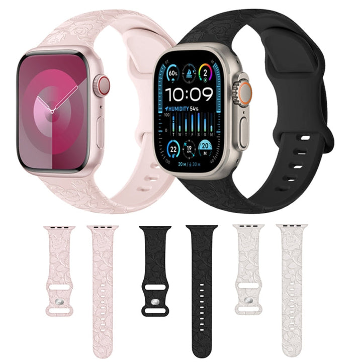 Lisslune | For Apple Watch Ultra 49mm Rose Embossed Silicone Watch Band (Pink)