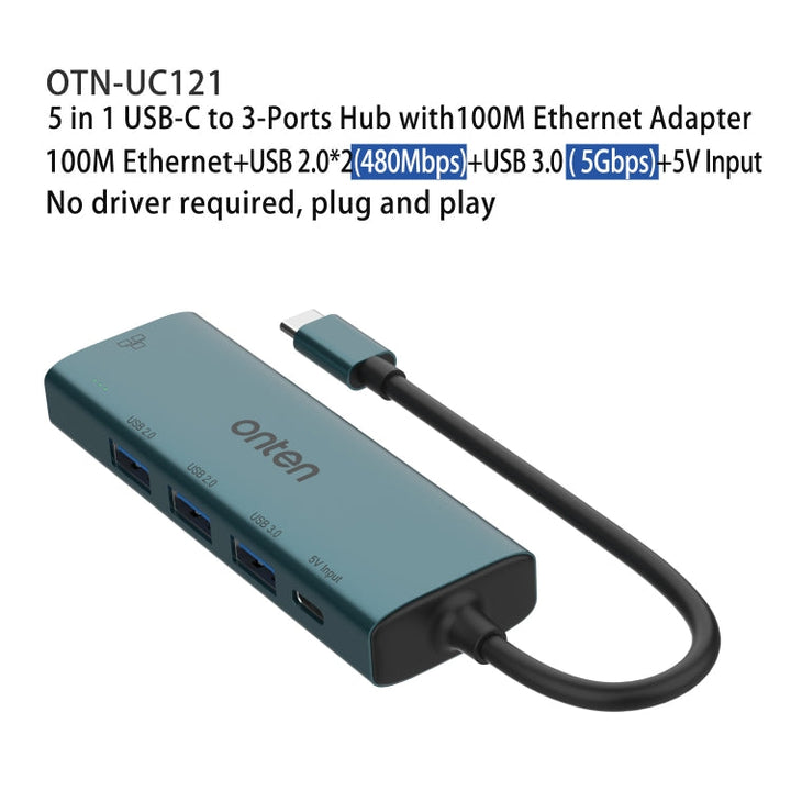 Lisslune | Onten UC121 5 in 1 USB-C / Type-C to USB 3.0 HUB with 5V input & 100Mbps network card