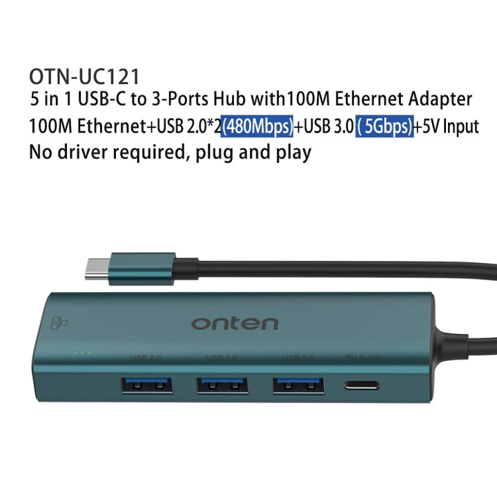Lisslune | Onten UC121 5 in 1 USB-C / Type-C to USB 3.0 HUB with 5V input & 100Mbps network card