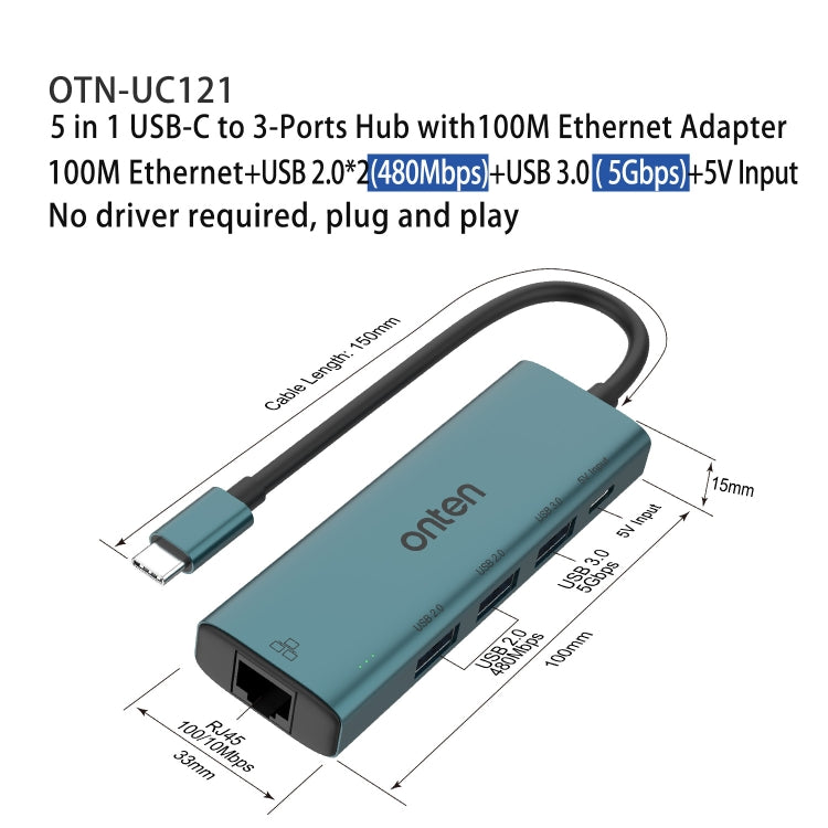 Lisslune | Onten UC121 5 in 1 USB-C / Type-C to USB 3.0 HUB with 5V input & 100Mbps network card