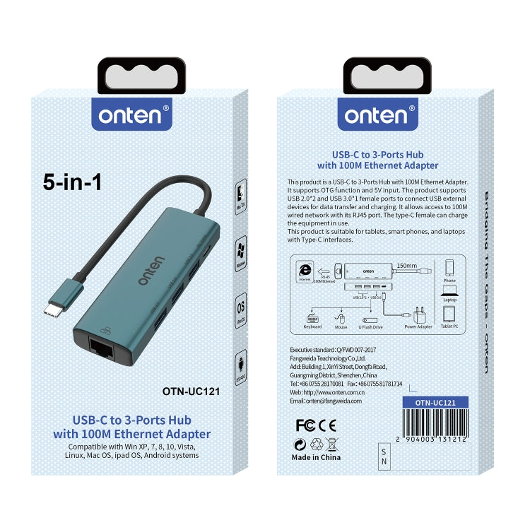 Lisslune | Onten UC121 5 in 1 USB-C / Type-C to USB 3.0 HUB with 5V input & 100Mbps network card