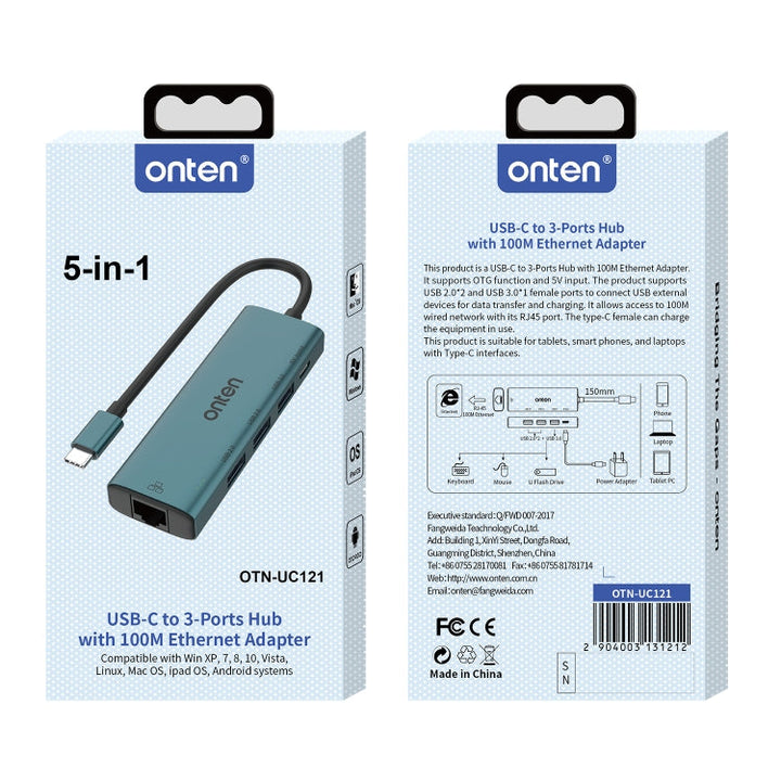 Lisslune | Onten UC121 5 in 1 USB-C / Type-C to USB 3.0 HUB with 5V input & 100Mbps network card