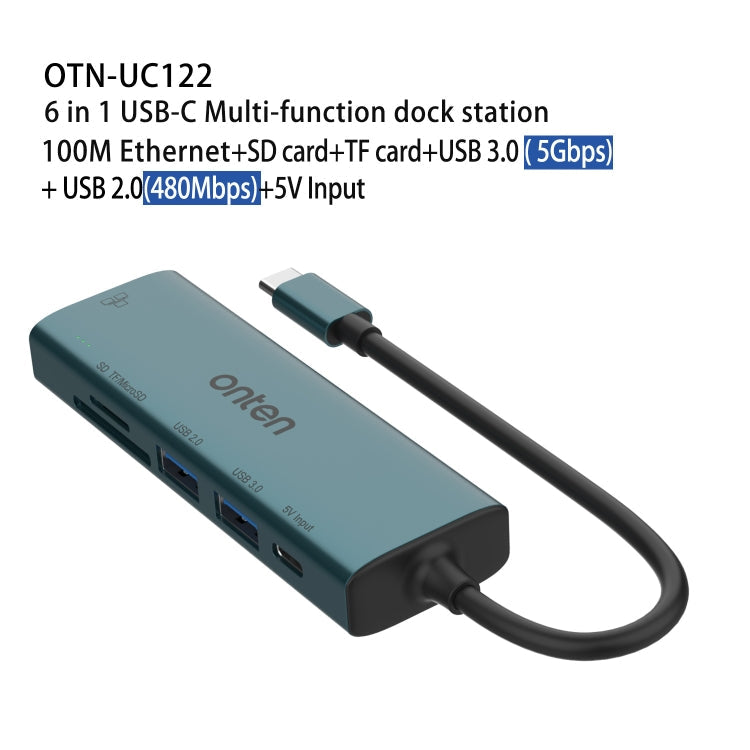 Lisslune | Onten UC122 6 in 1 USB-C / Type-C to SD + TF Card + USB 3.0 HUB with 5V Input & 100Mbps Network Card