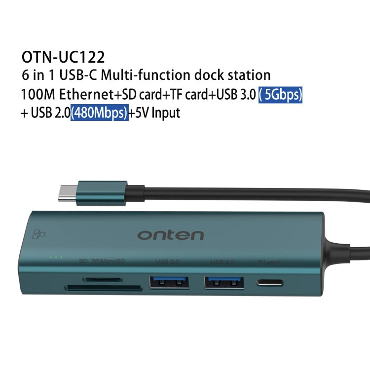 Lisslune | Onten UC122 6 in 1 USB-C / Type-C to SD + TF Card + USB 3.0 HUB with 5V Input & 100Mbps Network Card