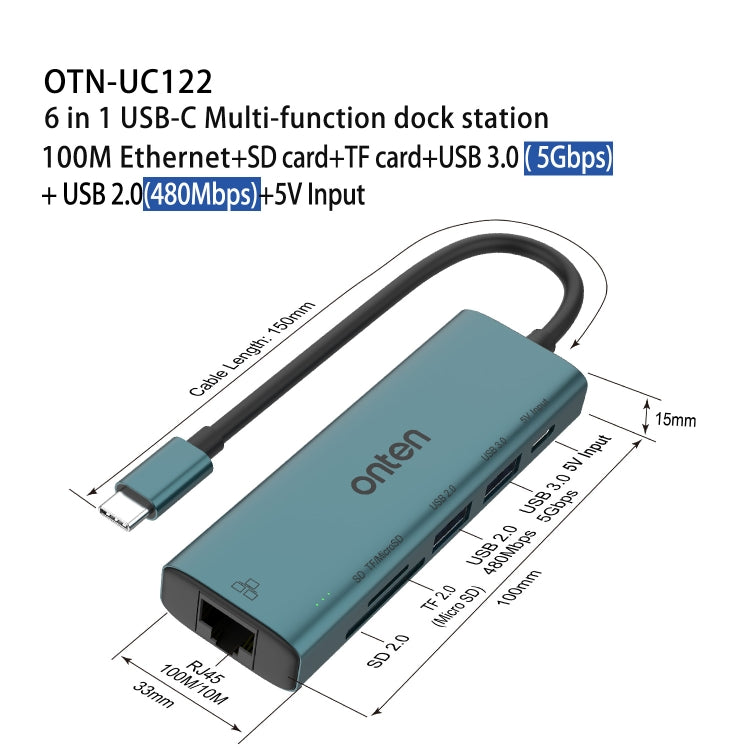 Lisslune | Onten UC122 6 in 1 USB-C / Type-C to SD + TF Card + USB 3.0 HUB with 5V Input & 100Mbps Network Card
