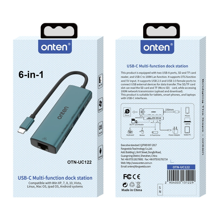Lisslune | Onten UC122 6 in 1 USB-C / Type-C to SD + TF Card + USB 3.0 HUB with 5V Input & 100Mbps Network Card