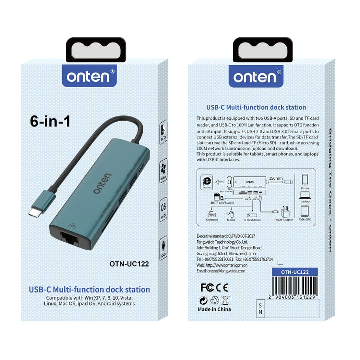 Lisslune | Onten UC122 6 in 1 USB-C / Type-C to SD + TF Card + USB 3.0 HUB with 5V Input & 100Mbps Network Card
