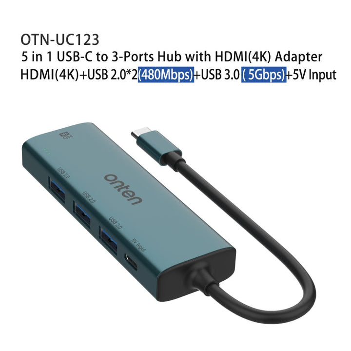Lisslune | Onten UC123 5 in 1 USB-C / Type-C to HDMI + USB3.0 HUB Docking Station with 5V input