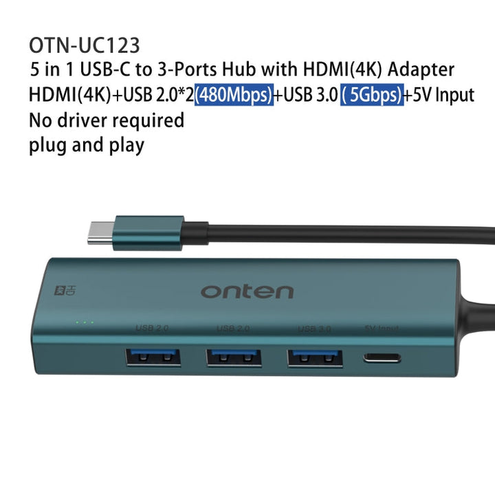 Lisslune | Onten UC123 5 in 1 USB-C / Type-C to HDMI + USB3.0 HUB Docking Station with 5V input