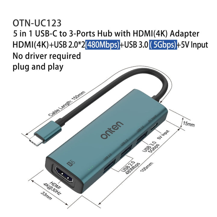 Lisslune | Onten UC123 5 in 1 USB-C / Type-C to HDMI + USB3.0 HUB Docking Station with 5V input