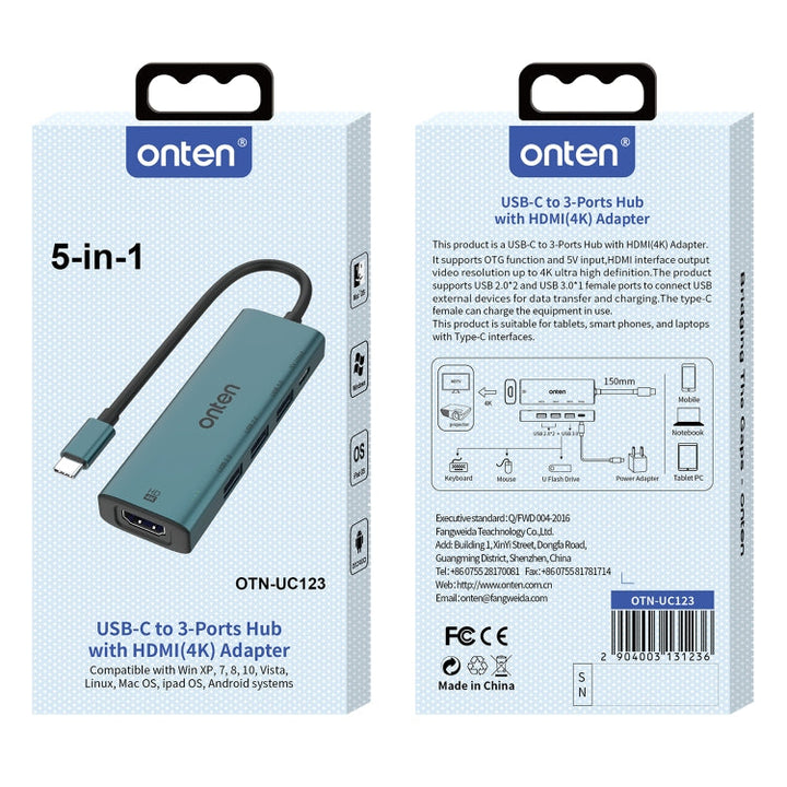 Lisslune | Onten UC123 5 in 1 USB-C / Type-C to HDMI + USB3.0 HUB Docking Station with 5V input