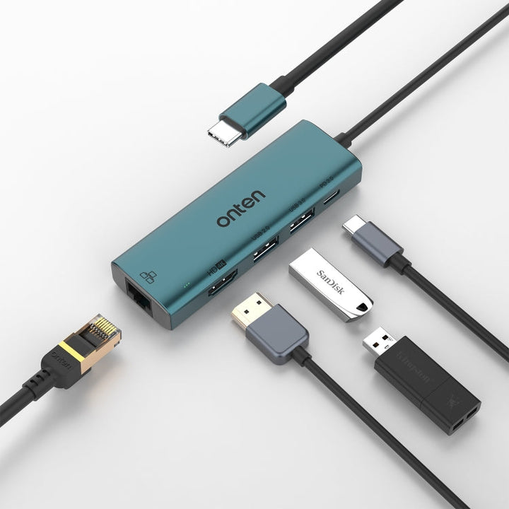 Lisslune | Onten UC125 5 in 1 USB-C / Type-C to HDMI+USB3.0+PD3.0 Multifunction HUB with 100Mbps Network Adapter