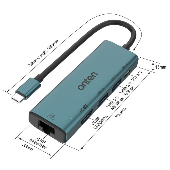 Lisslune | Onten UC125 5 in 1 USB-C / Type-C to HDMI+USB3.0+PD3.0 Multifunction HUB with 100Mbps Network Adapter