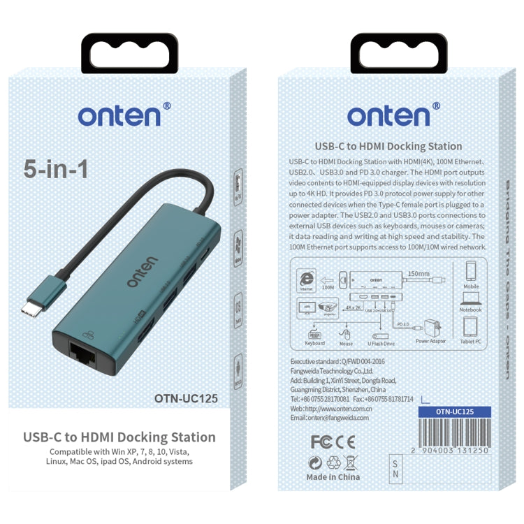 Lisslune | Onten UC125 5 in 1 USB-C / Type-C to HDMI+USB3.0+PD3.0 Multifunction HUB with 100Mbps Network Adapter