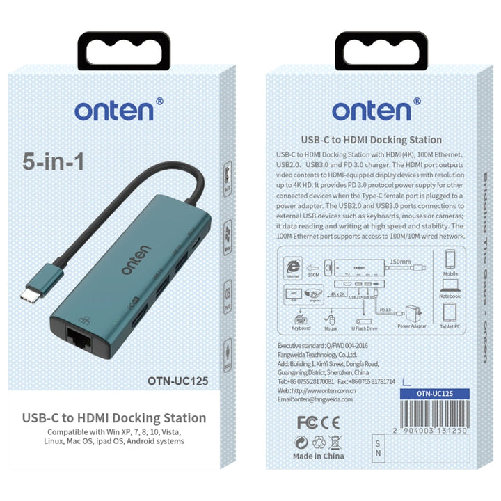 Lisslune | Onten UC125 5 in 1 USB-C / Type-C to HDMI+USB3.0+PD3.0 Multifunction HUB with 100Mbps Network Adapter