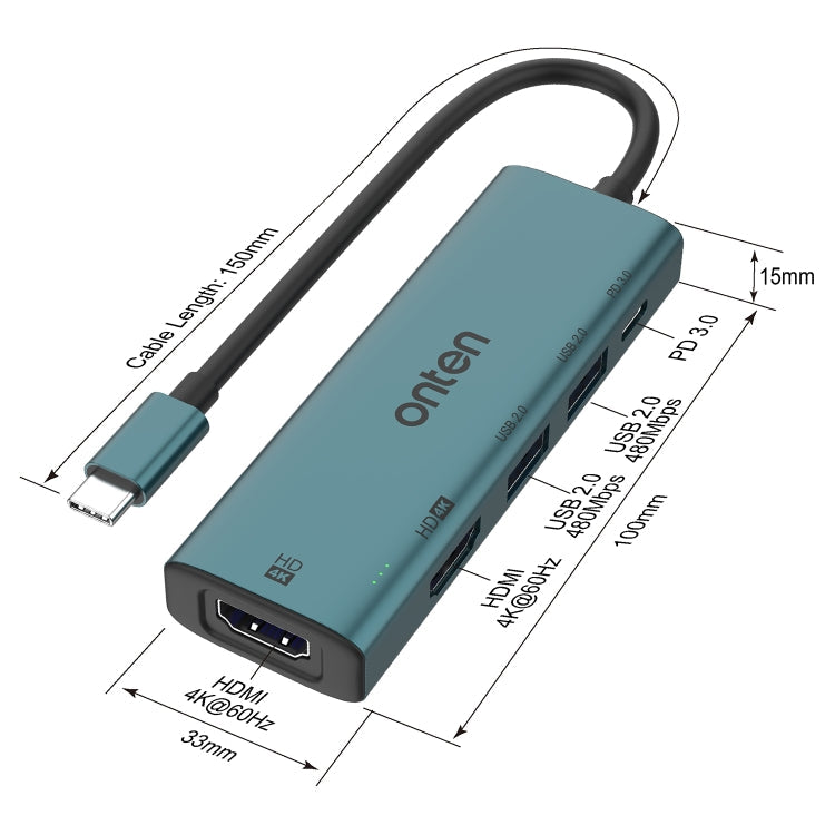 Lisslune | Onten UC126 5 in 1 USB-C / Type-C to Dual HDMI + USB2.0 + PD3.0 Multi-Function HUB Docking Station