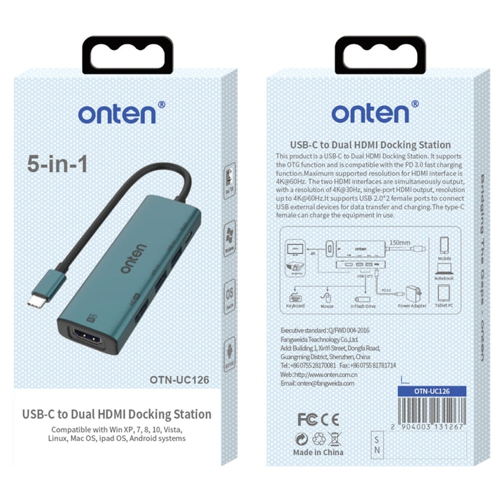 Lisslune | Onten UC126 5 in 1 USB-C / Type-C to Dual HDMI + USB2.0 + PD3.0 Multi-Function HUB Docking Station