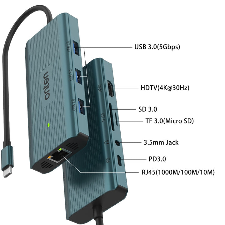 Lisslune | Onten UC961 9 in 1 USB-C / Type-C Multi-Function HUB Docking Station (Green)