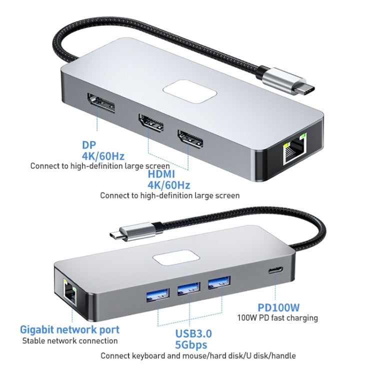 Lisslune | BYL-2401 8 in 1 Type-C to PD100W + USB3.0 + HDMI + DP + RJ45 HUB Docking Station (Space Grey)