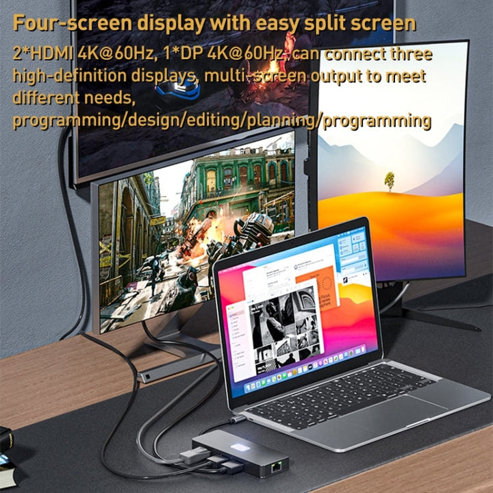 Lisslune | BYL-2401 8 in 1 Type-C to PD100W + USB3.0 + HDMI + DP + RJ45 HUB Docking Station (Space Grey)