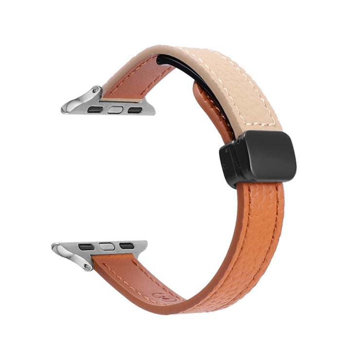 Lisslune | For Apple Watch Ultra 49mm Slim Magnetic Buckle Leather Watch Band (Litchi Orange Apricot)