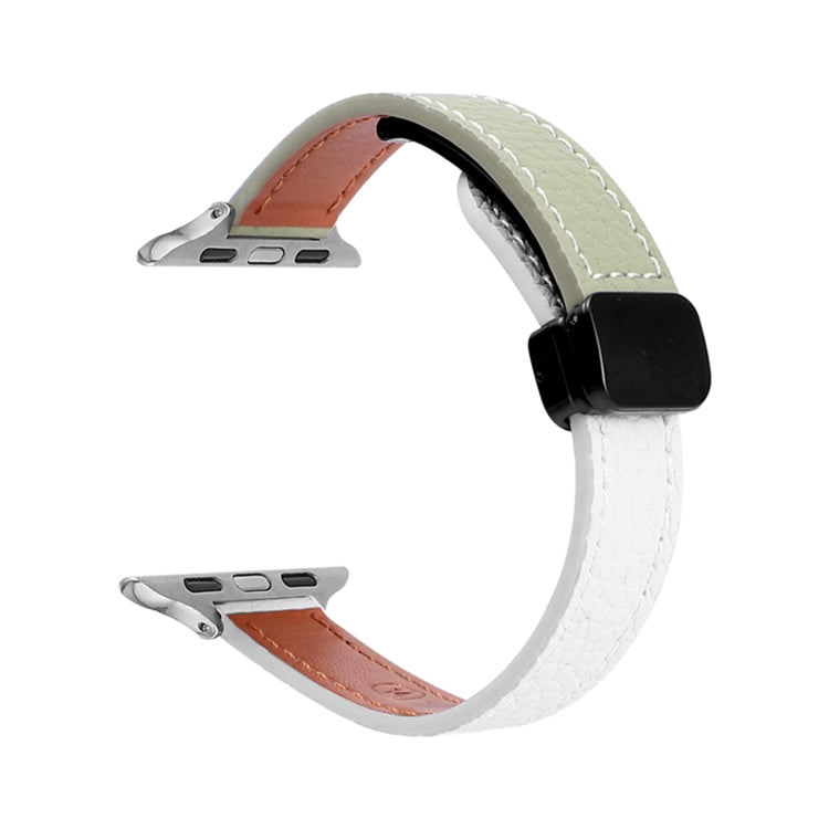 Lisslune | For Apple Watch Ultra 49mm Slim Magnetic Buckle Leather Strap (Litchi Beige Green)