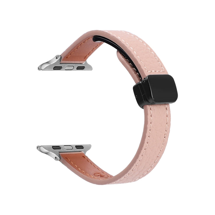 Lisslune | For Apple Watch Ultra 49mm Slim Magnetic Buckle Leather Watch Strap (Litchi Pink)