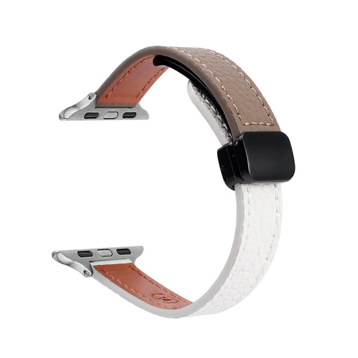 Lisslune | For Apple Watch Ultra 49mm Slim Magnetic Closure Leather Watch Strap (Litchi Beige Coffee)