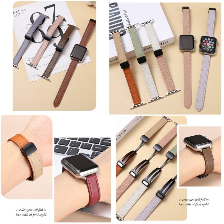 Lisslune | For Apple Watch Series 8 45mm Slim Magnetic Closure Leather Band (Solid Beige)