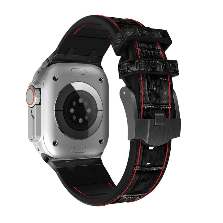 Lisslune | For Apple Watch Ultra 2 49mm Crocodile Texture Liquid Silicone Watch Band (Black Red Black)