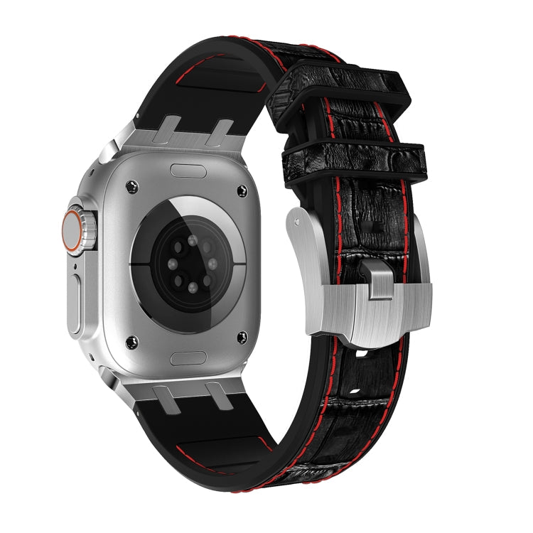Lisslune | For Apple Watch Ultra 2 49mm Crocodile Texture Liquid Silicone Watch Band (Silver Red Black)