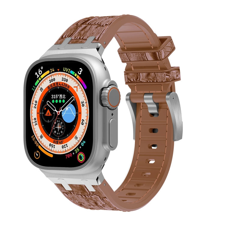 Lisslune | For Apple Watch Ultra 2 49mm Crocodile Texture Liquid Silicone Strap (Silver Yellow Brown)
