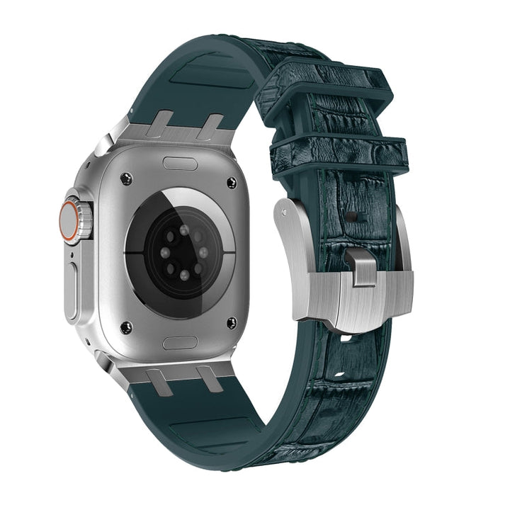 Lisslune | For Apple Watch Ultra 2 49mm Crocodile Texture Liquid Silicone Watch Strap (Silver Deep Green)