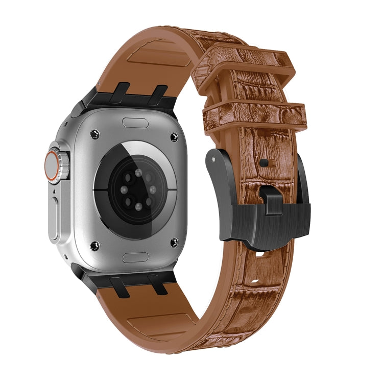 Lisslune | For Apple Watch Series 9 45mm Crocodile Texture Liquid Silicone Watch Band (Black Yellow Brown)