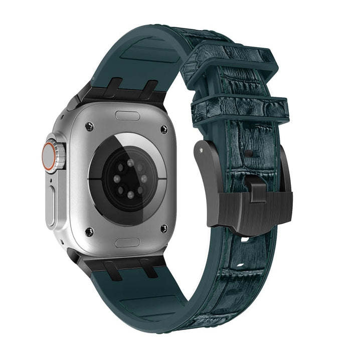 Lisslune | For Apple Watch Series 9 45mm Crocodile Texture Liquid Silicone Watch Band (Black Deep Green)