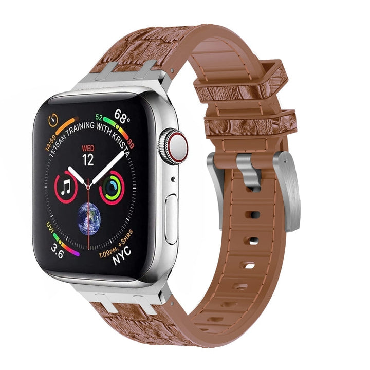 Lisslune | For Apple Watch Series 9 45mm Crocodile Texture Liquid Silicone Band (Silver Yellow Brown)