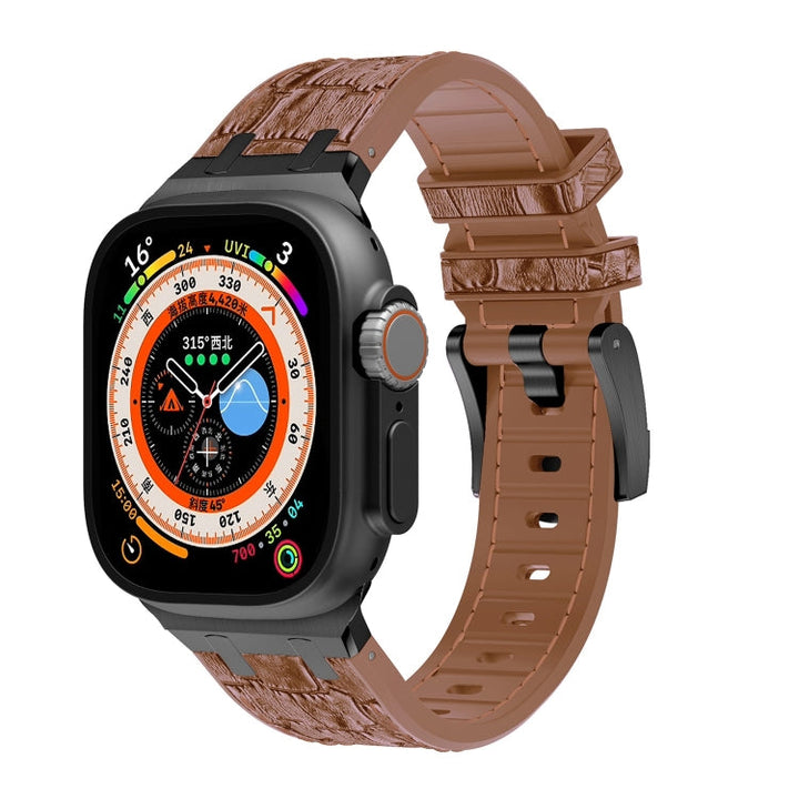 Lisslune | For Apple Watch Ultra 49mm Crocodile Texture Liquid Silicone Watch Band (Black Yellow Brown)