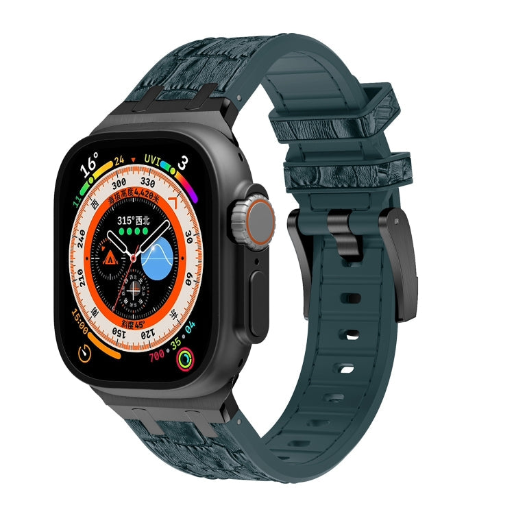 Lisslune | For Apple Watch Ultra 49mm Crocodile Leather Texture Liquid Silicone Watch Band (Black Deep Green)