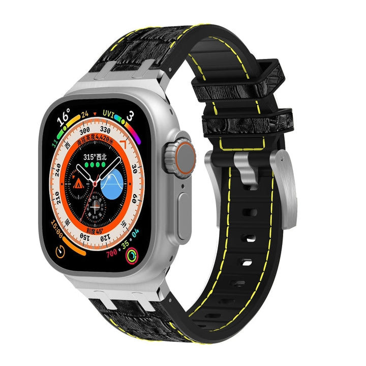 Lisslune | For Apple Watch Ultra 49mm Crocodile Texture Liquid Silicone Watch Band (Silver Yellow Black)