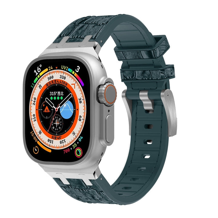 Lisslune | For Apple Watch Ultra 49mm Crocodile Texture Liquid Silicone Watch Band (Silver Deep Green)