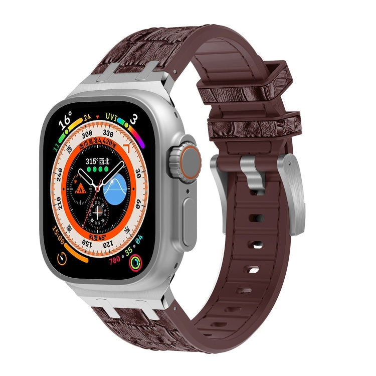 Lisslune | For Apple Watch Ultra 49mm Crocodile Texture Liquid Silicone Watch Strap (Silver Dark Brown)