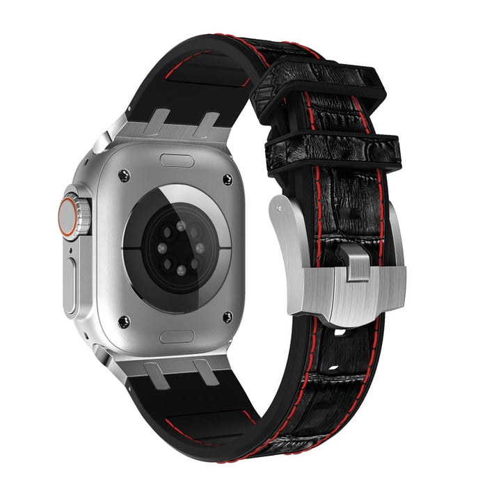Lisslune | For Apple Watch SE 2022 44mm Crocodile Leather Texture Liquid Silicone Watch Band (Silver Red Black)