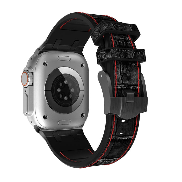 Lisslune | For Apple Watch SE 44mm Crocodile Texture Liquid Silicone Watch Band (Black Red Black)